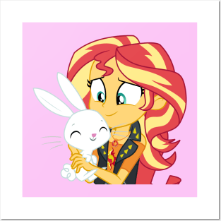Sunset Shimmer holding Angel Bunny Posters and Art